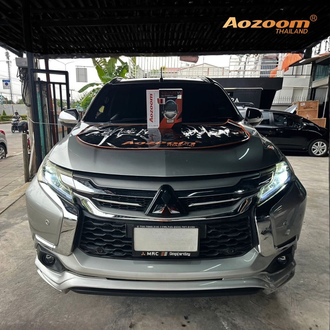 Mitsubishi pajero sport 2015 ติดตั้งไฟหน้าโปรเจคเตอร์ AOZOOM SQUARE V1