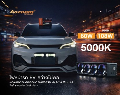ไฟหน้ารถ EV สว่างไม่พอ | แก้ไขอย่างปลอดภัยด้วยไฟเสริม AOZOOM EX4 ไม่ยุ่งระบบเดิม ติดตั้งอิสระ