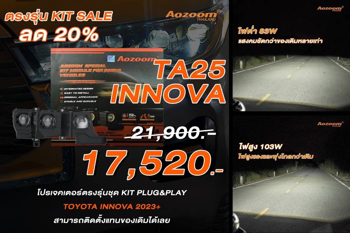 Aozoom KIT SALE-Aozoom TA25 Innova Aozoom KIT SALE ลด 20% ตลอดเมษายน! เจาะลึก 4 รุ่นไฟหน้าตรงรุ่น Plug & Play สว่างจบ
